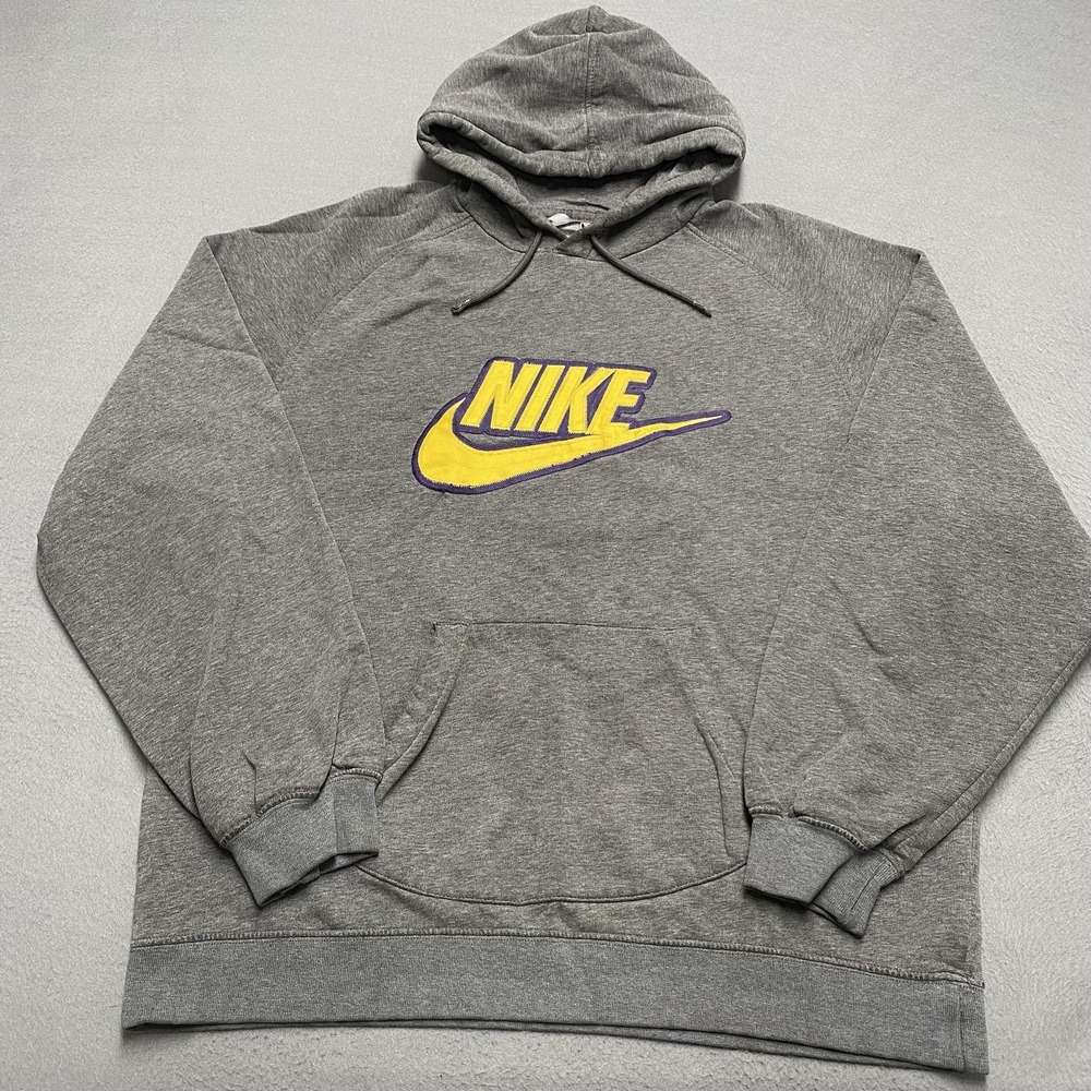 Nike Hoodie Mens Extra Large Gray Yellow Purple Swoosh Logo Pullover Sweatshirt